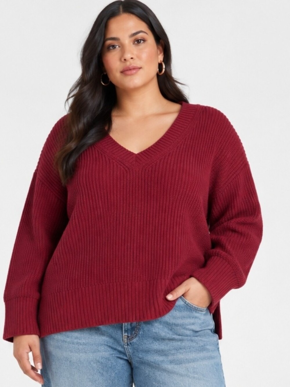 Ava & Viv Women's V-Neck Pullover Sweater, Burgundy Size XXL